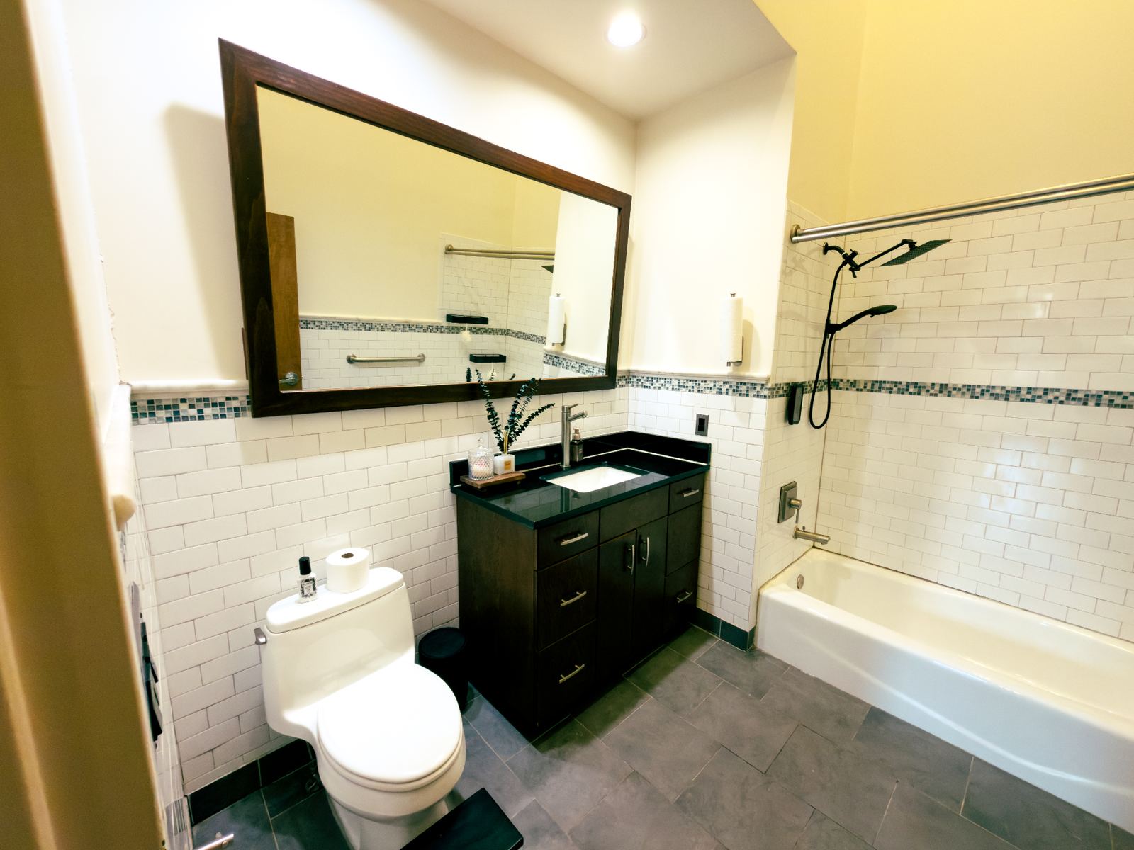 Spa-style bathroom with rainfall shower