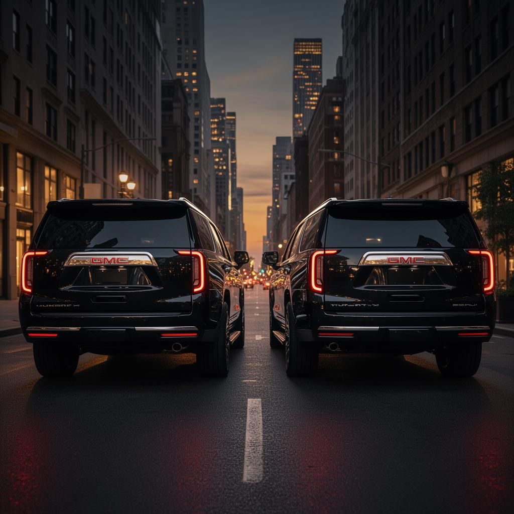 Two 2026 GMC Yukon XL Denali black luxury SUVs back to back in the city