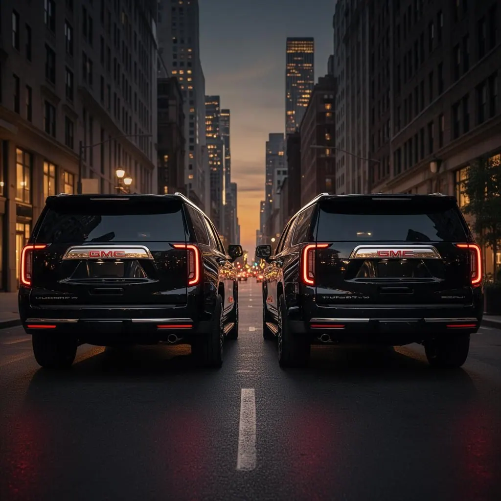 Two 2026 GMC Yukon XL Denali black luxury SUVs back to back in the city